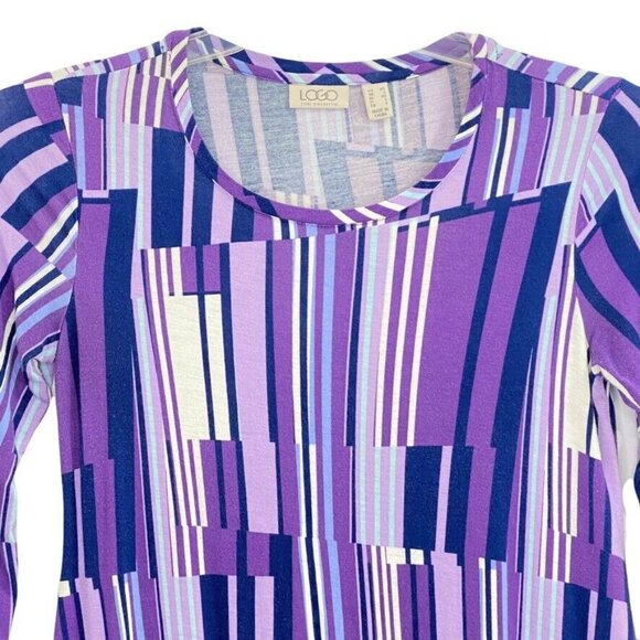 LOGO Lori Goldstein Tunic Top Size XS Striped Purple Lace Bottom Long Sleeve - Picture 2 of 8